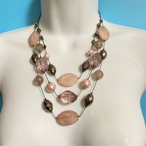 NEW YORK NY Pink Gray Acrylic Beads Multi-Strand Shiny Faceted Necklace